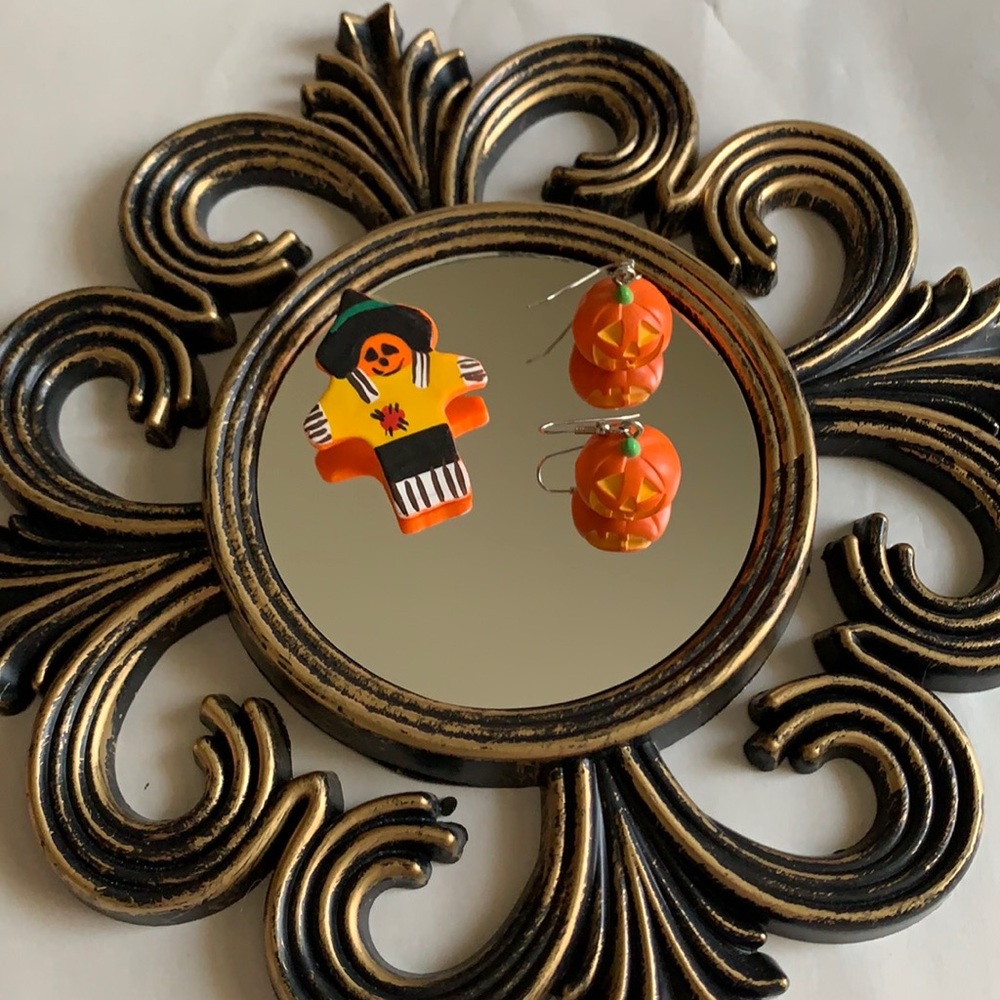 Halloween Pumpkin Earrings Scarecrow Pin Silver Toned